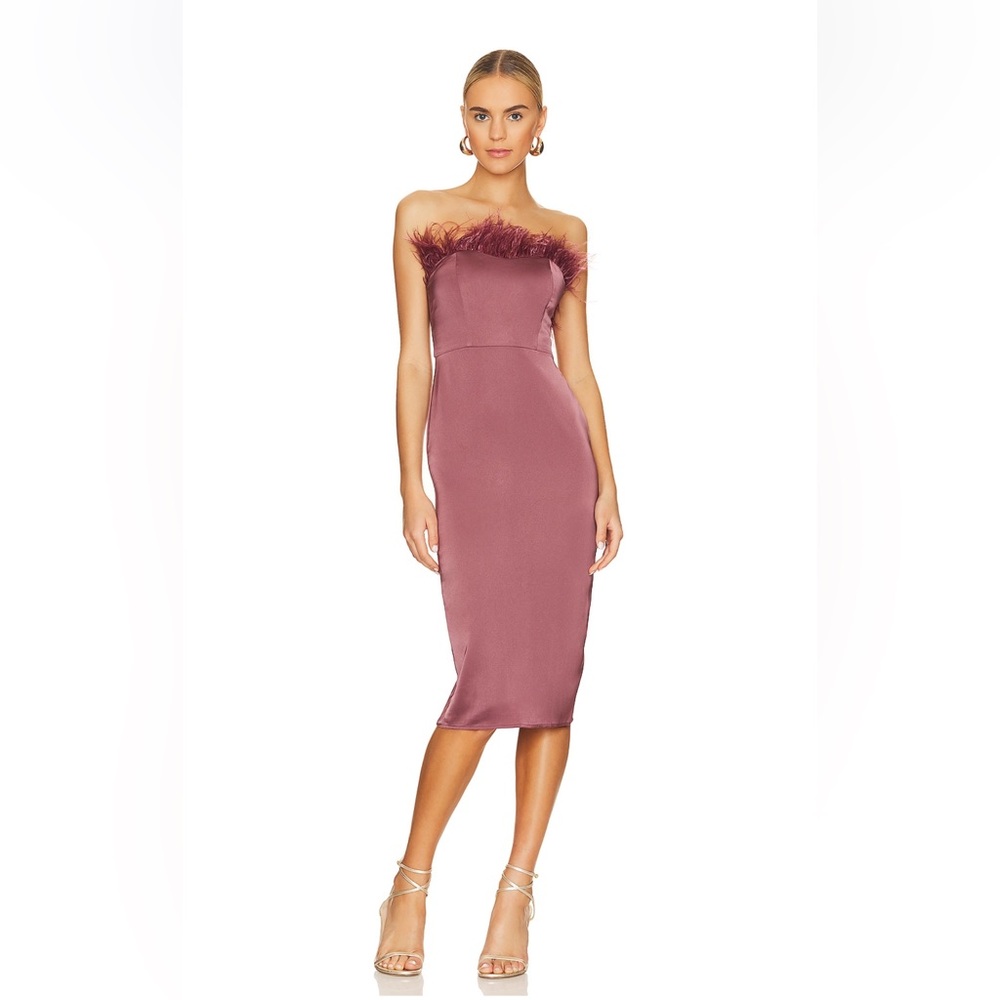 LPA Aurora Strapless Satin Midi Dress with Ostrich Feather Trim Size Small